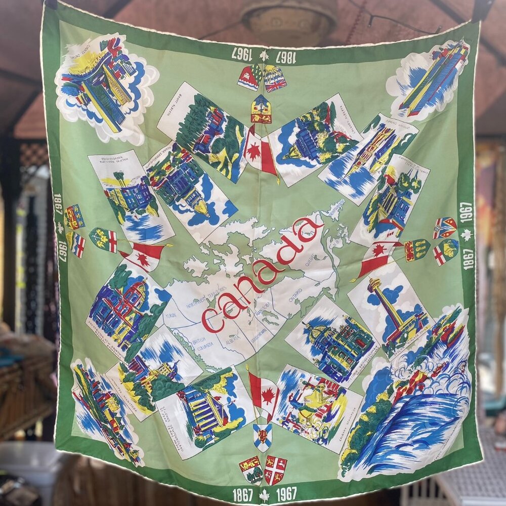 Vintage 1967 Canada Centennial Souvenir Scarf | Hand Printed Hand Rolled